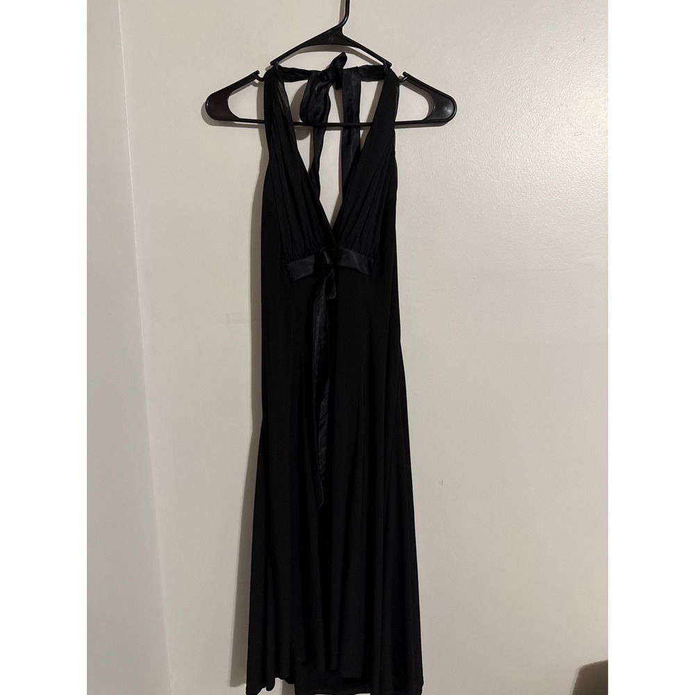 Jonathan Martin Black Halter Midi Dress Satin Tie V-Neck Open Back Size 12